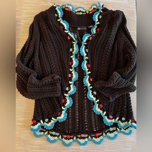 Relativity Cardigan Sweater Black Open Knit Crocheted Floral Trim Front Tie sz L